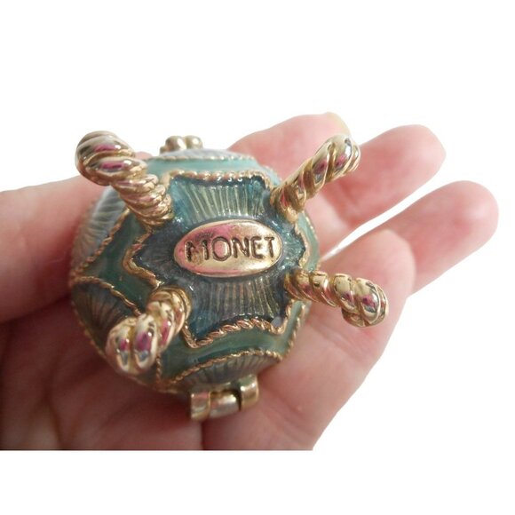 Monet Egg Footed Trinket Box Teal Blue Green Enamel Gold Trim Rhinestone Accents - Picture 5 of 6